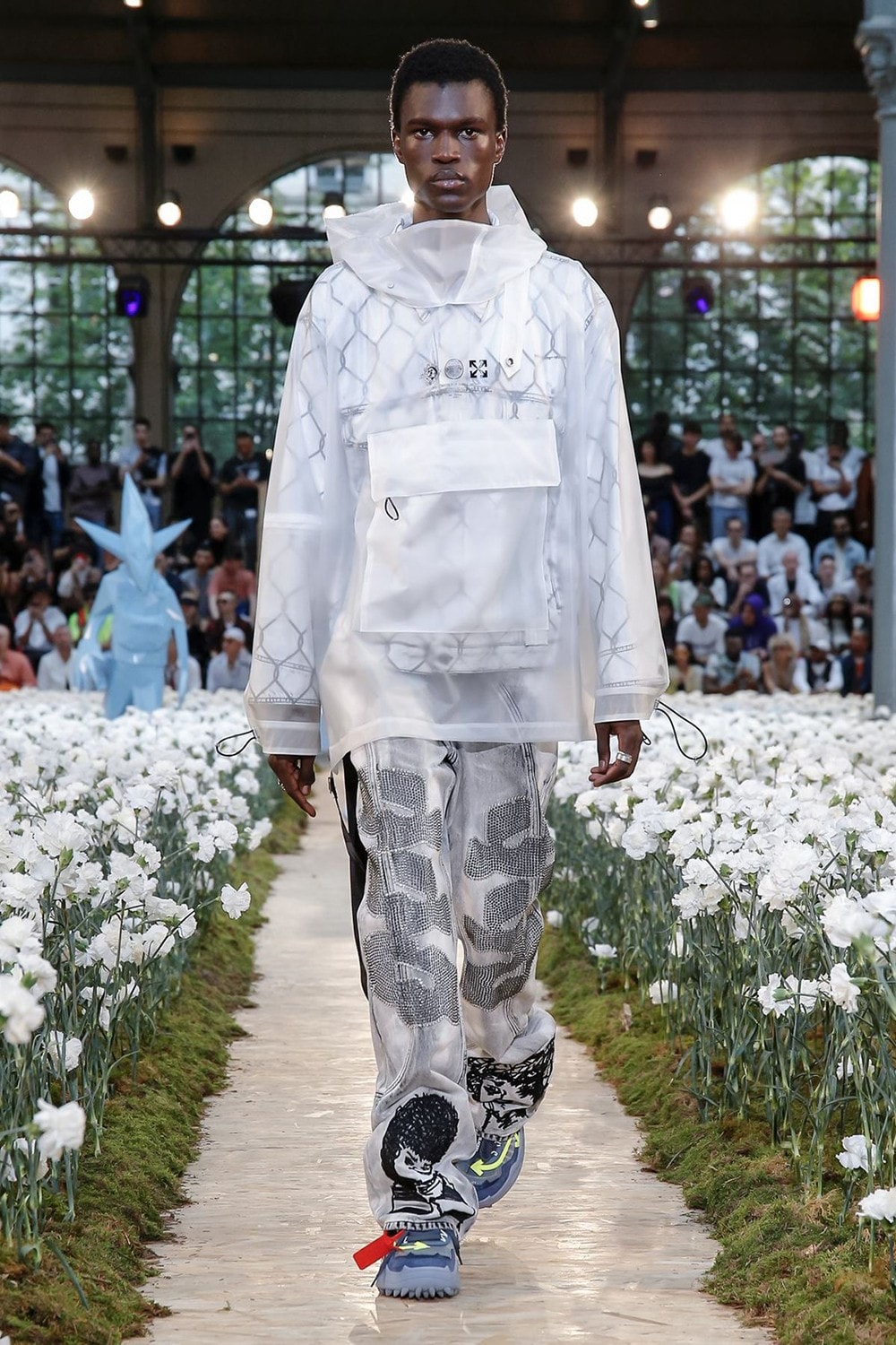 Off-White Virgil Abloh Spring Summer 2020 Paris Fashion Week Show Collection Backstage Raincoat White Pants Grey Black