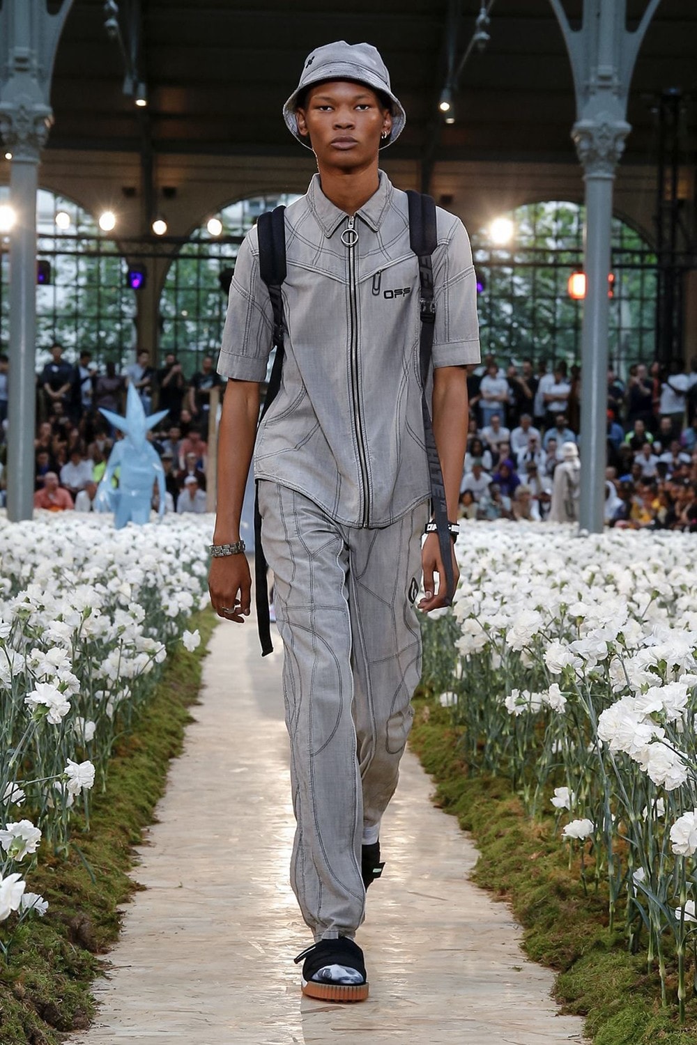 Off-White Virgil Abloh Spring Summer 2020 Paris Fashion Week Show Collection Backstage Top Pants Bucket Hat Grey