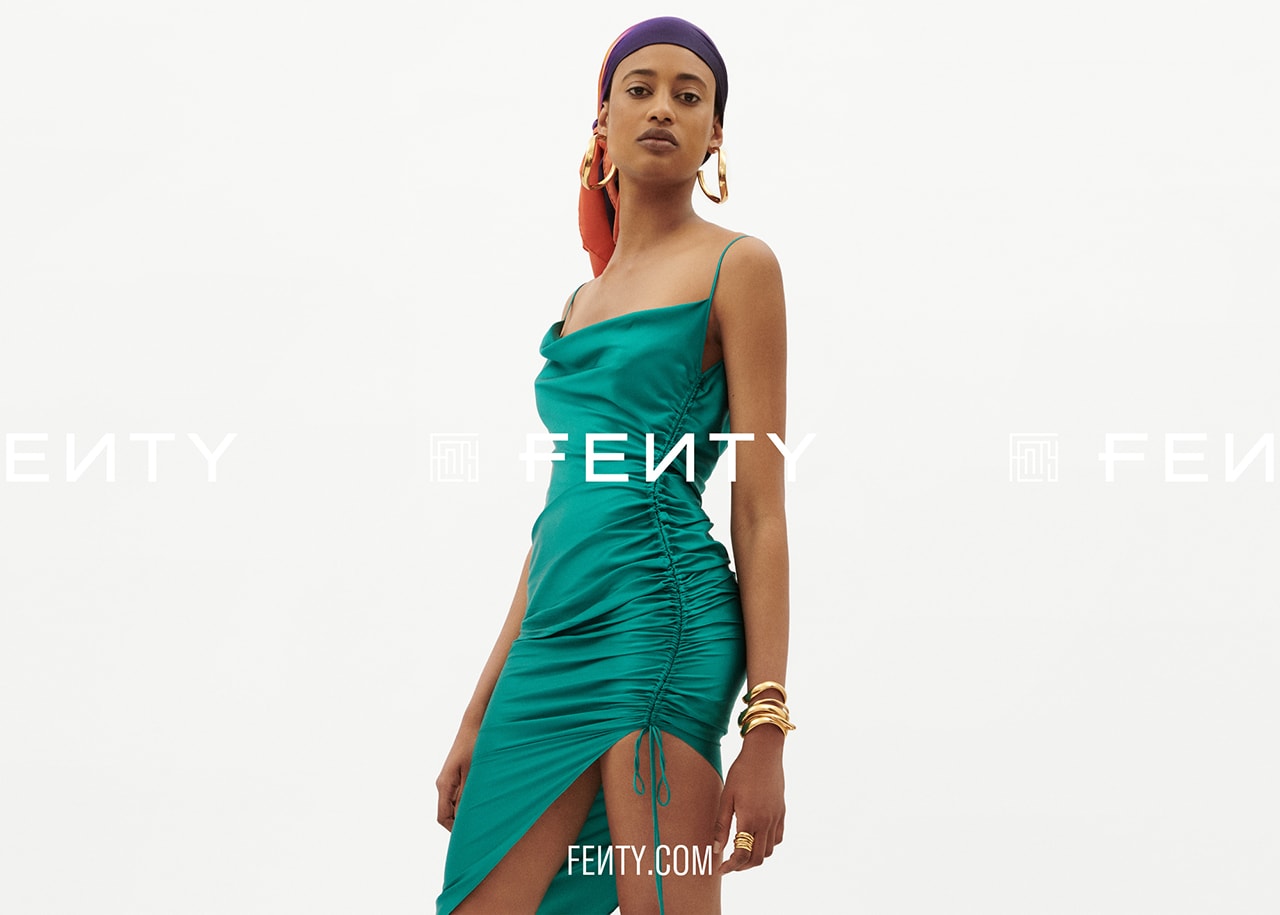 Rihanna Fenty LVMH Luxury Fashion Brand Maison Release 6 19 Green Dress Headscarf Gold Earrings