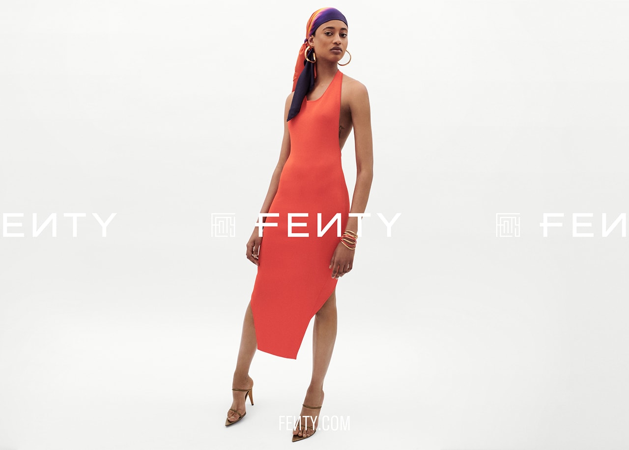 Rihanna Fenty LVMH Luxury Fashion Brand Maison Release 6 19 Orange Red Dress Sandal Heels Headscarf Gold Earrings