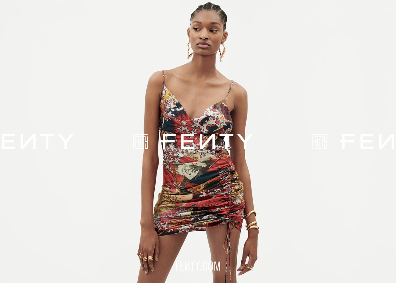 Rihanna Fenty LVMH Luxury Fashion Brand Maison Release 6 19 Print Dress Gold Earrings