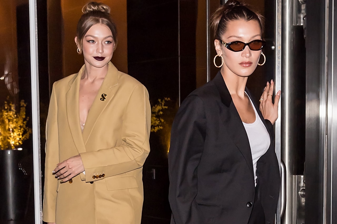 Gigi Hadid Bella Sisters Suit Beige Black Sunglasses Dark Lipstick Models