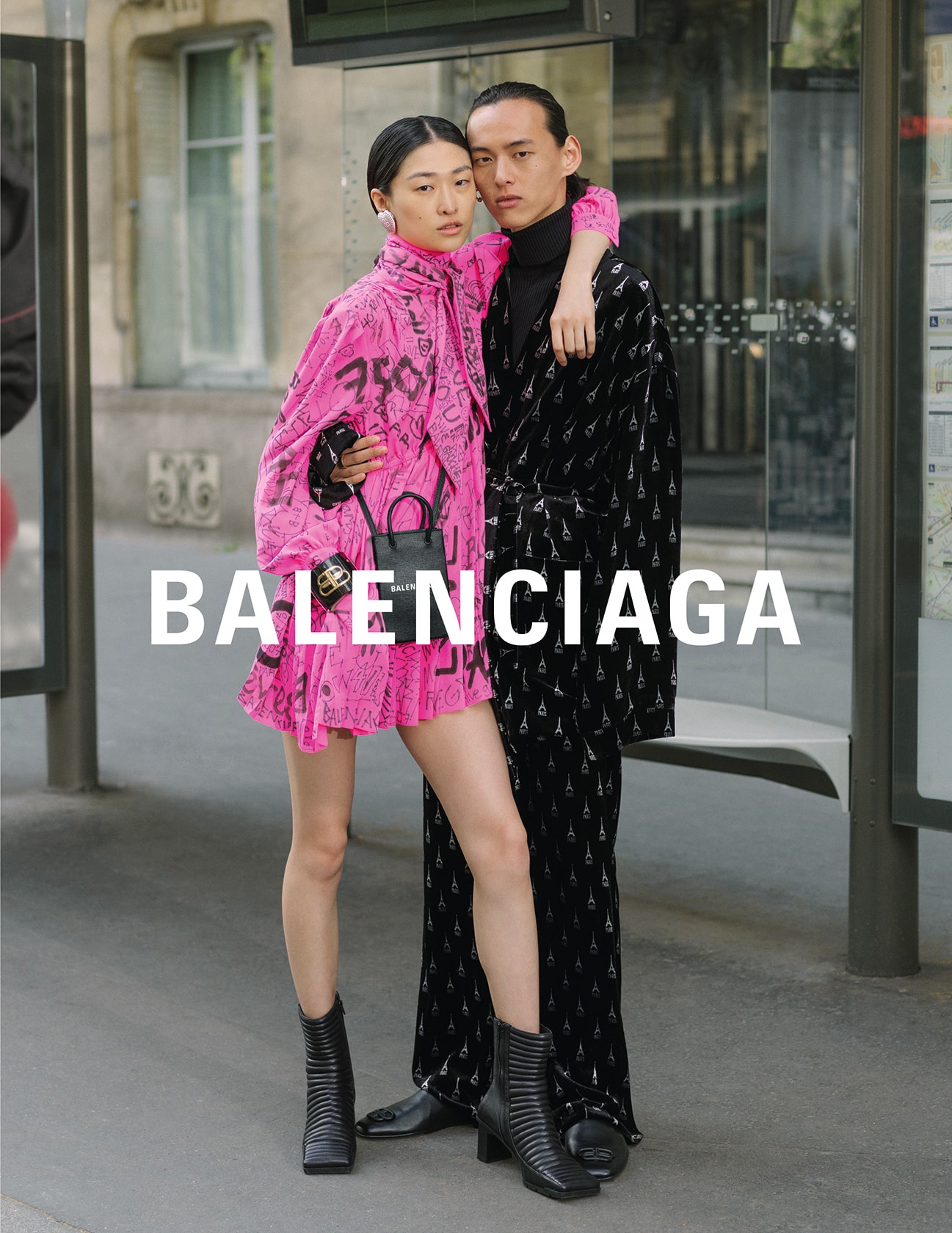 balenciaga winter campaign photos couple pink dress black boots robe bag
