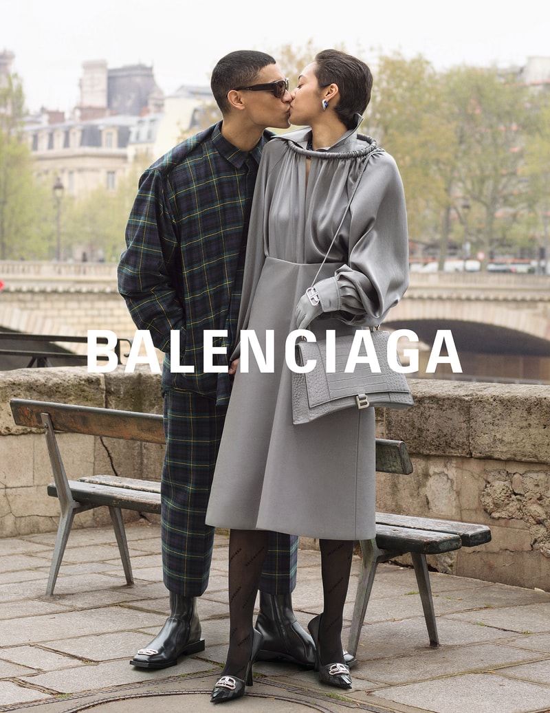 balenciaga winter campaign photos couple grey dress ring neckline tartan