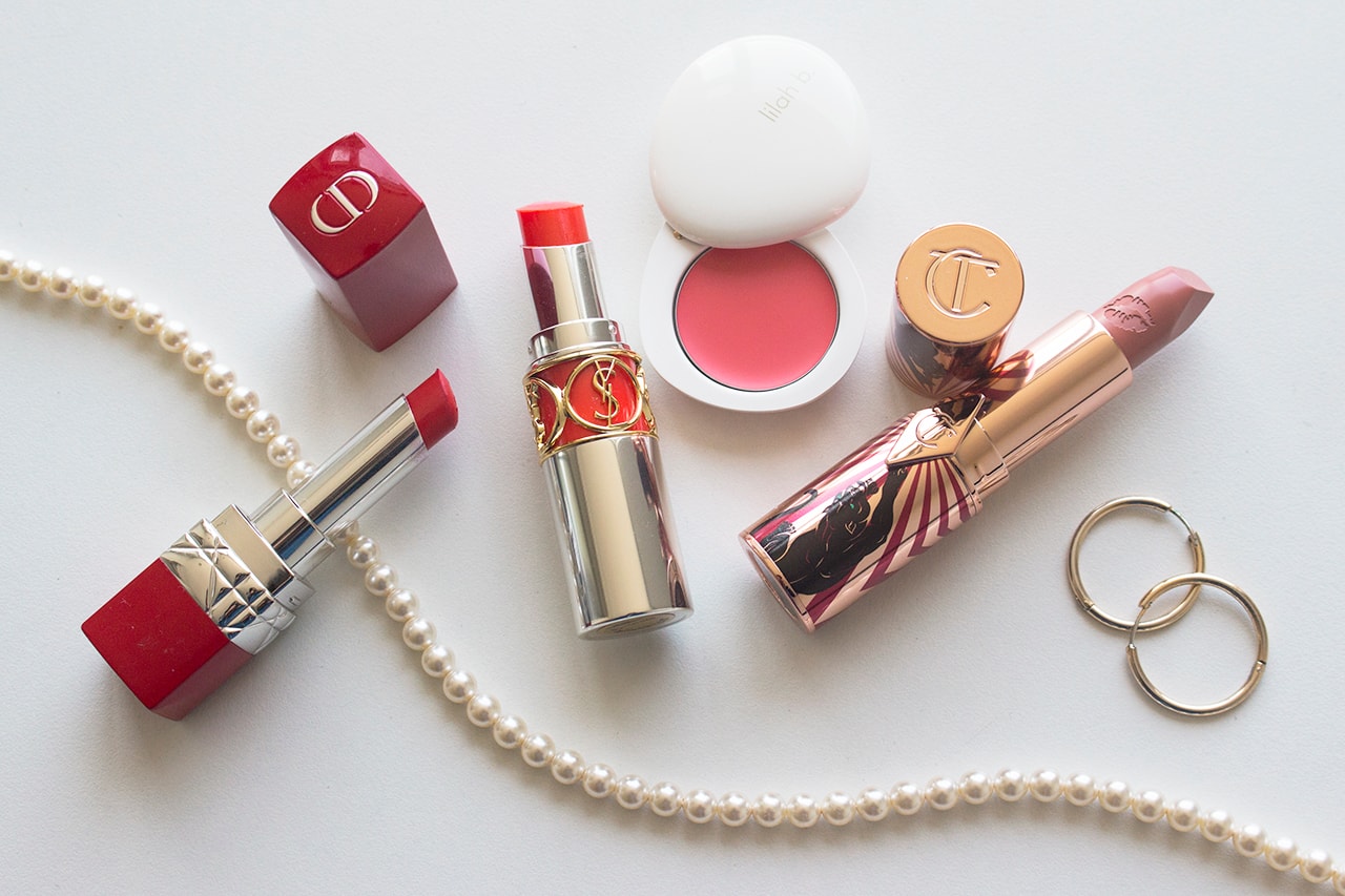 YSL Beauty VOLUPTÉ TINT-IN-BALM catch me orange coral lipstick dior lilah b charlotte tilbury pearl necklace hoop gold earrings