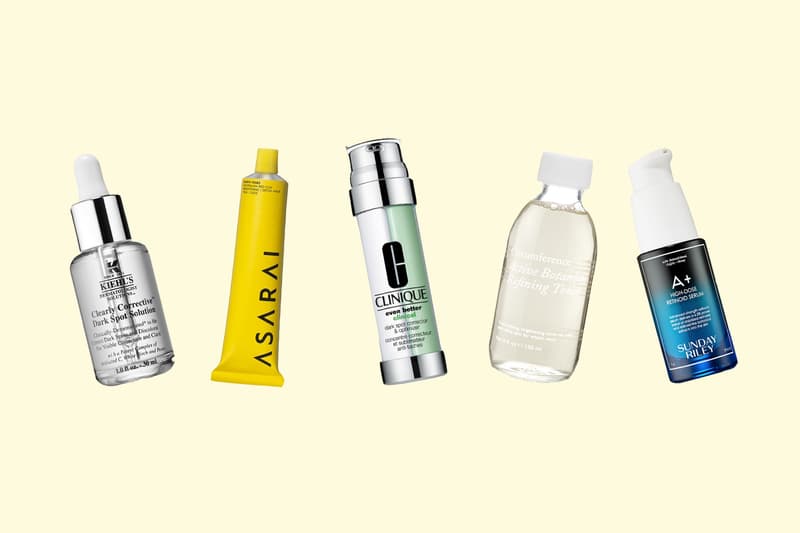 Sunday Riley A+ High Dose Retinol Serum Kiehl’s Clearly Corrective Dark Spot Solution Clinique Even Better Clinical Corrector & Optimizer Circumference Active Botanical Refining Toner ASARAI Earth Tones Face Mask