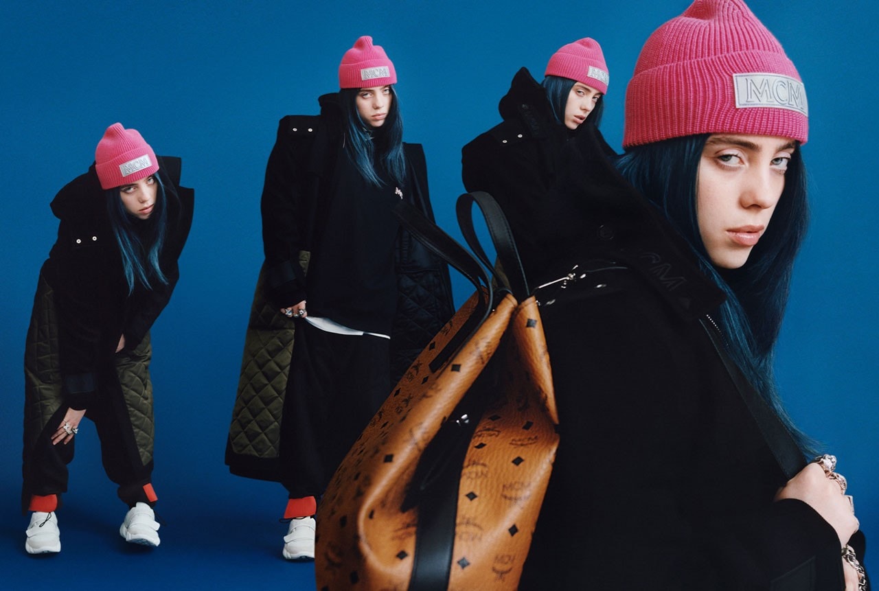 Billie Eilish MCM Fall Winter 2019 Campaign Jacket Black Hat Pink Bag Brown