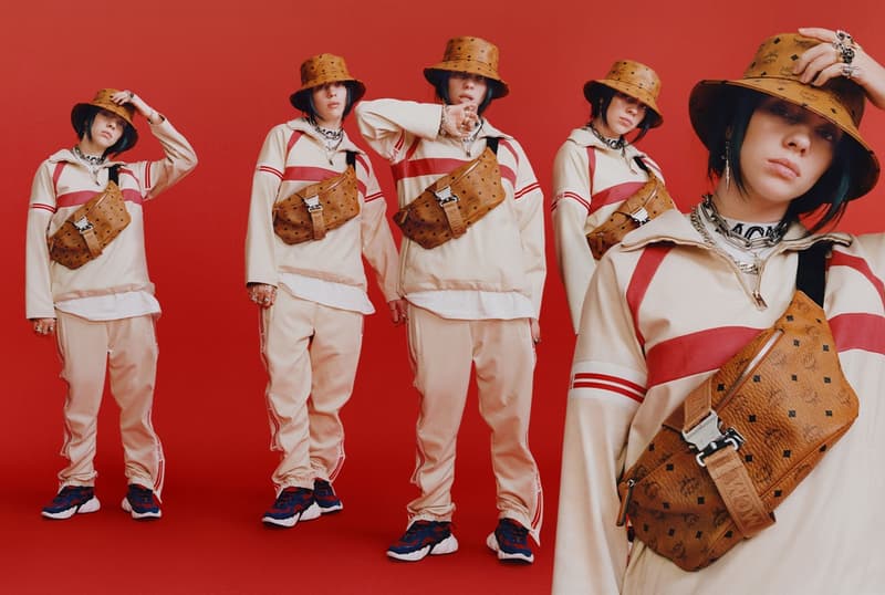Billie Eilish MCM Fall Winter 2019 Campaign Jacket Sweat Pants White Bucket Hat Fanny Pack Brown