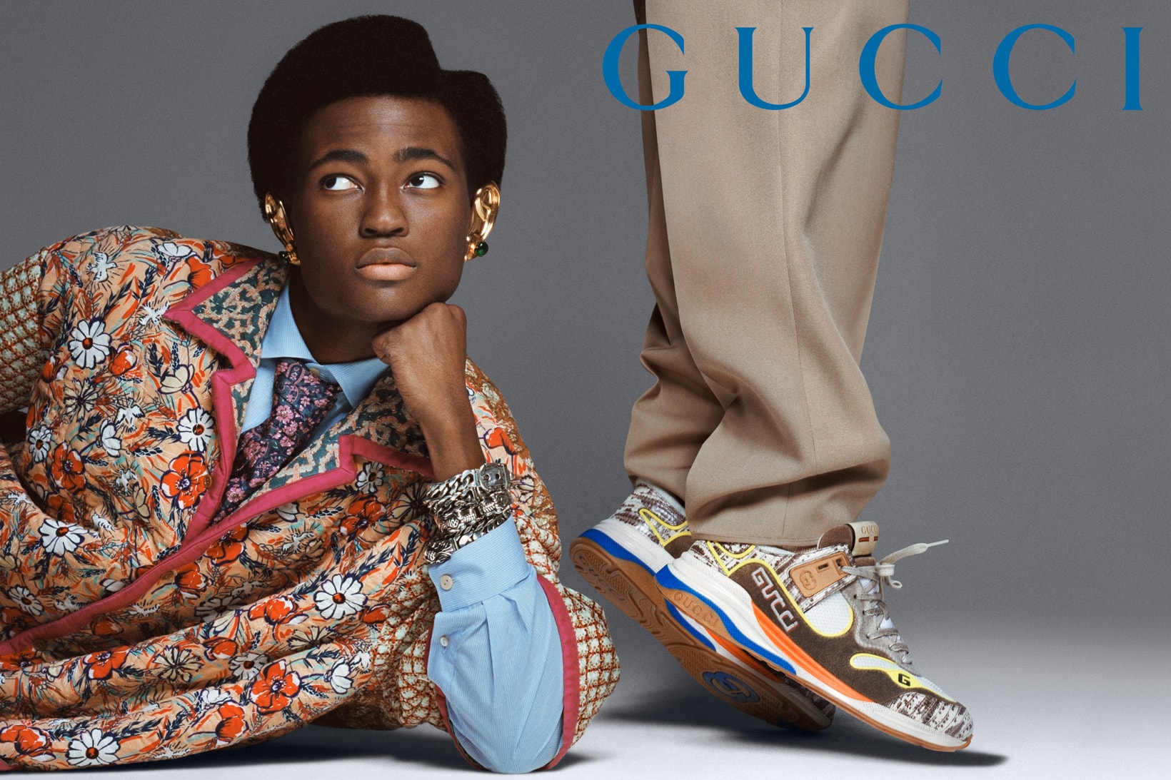 GucciPretAPorter Fall Winter 2019 Campaign Shirt Red Blue Sneakers Cream Brown