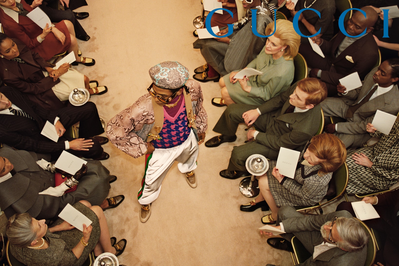 GucciPretAPorter Fall Winter 2019 Campaign Hat Jacket Tan Pants White