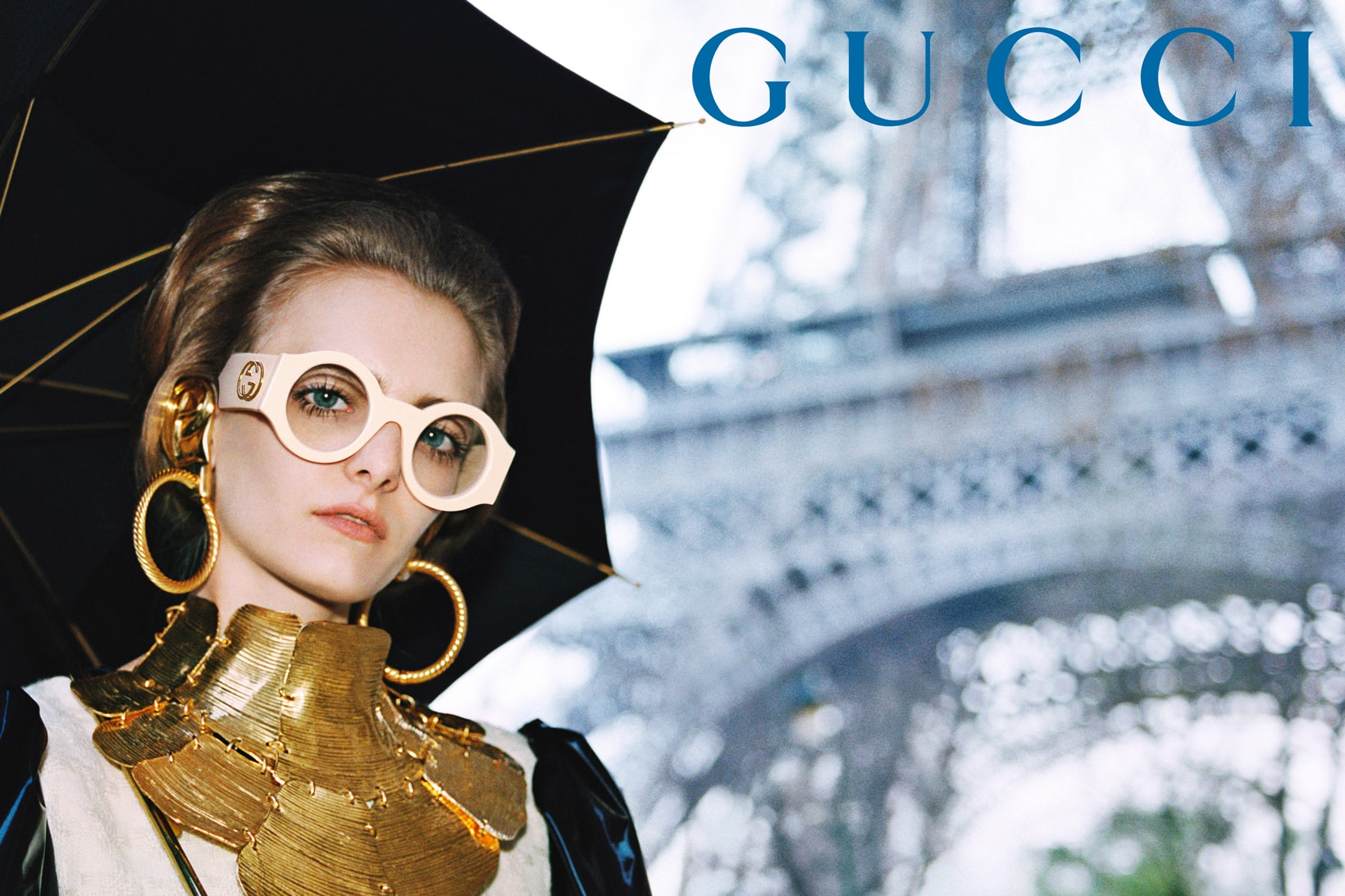 GucciPretAPorter Fall Winter 2019 Campaign Necklace Gold Sunglasses Cream