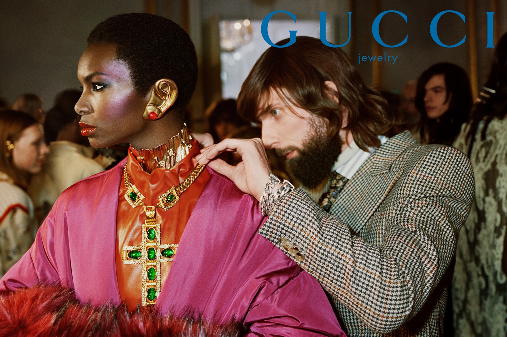 GucciPretAPorter Fall Winter 2019 Campaign Necklace Earrings Gold Jacket Pink