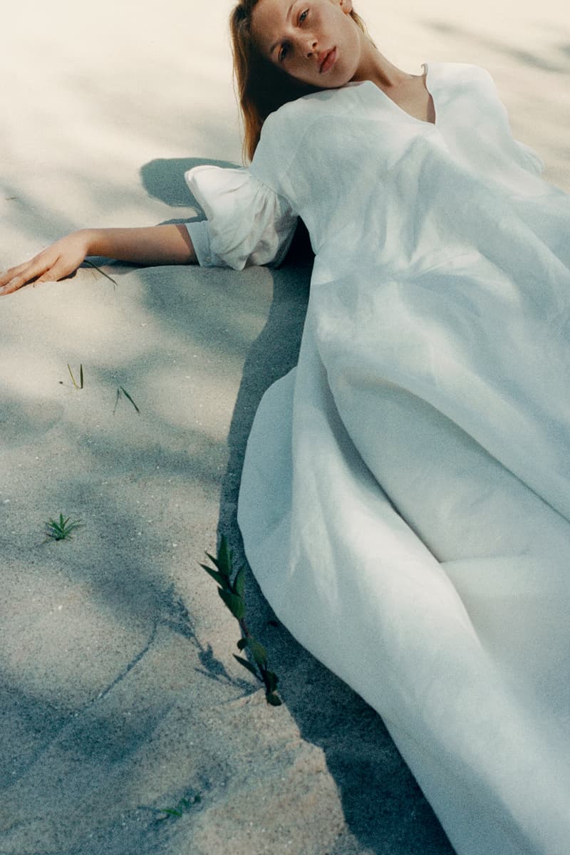 jil sander summer project capsule collection natural materials sustainable fashion clothes minimal dresses jumpsuits shirts hats sandals beach towel unisex footwear accessories