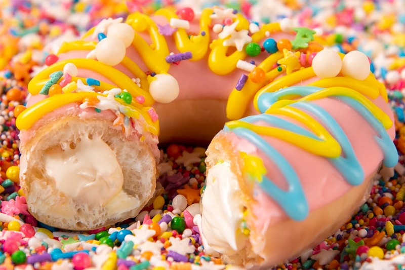 krispy kreme 82nd anniversary original glazed filled birthday cake batter donut strawberry icing party sprinkles food dessert sweets