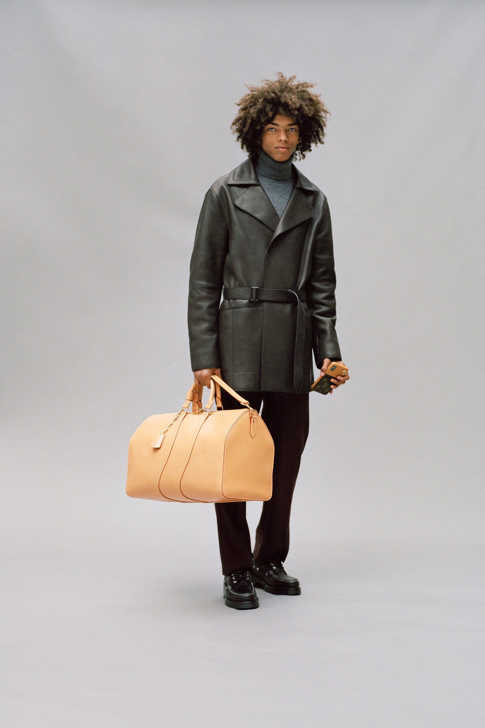 Louis Vuitton Men's Pre-Spring 2020 Lookbook Jacket Green Pants Black Bag Tan