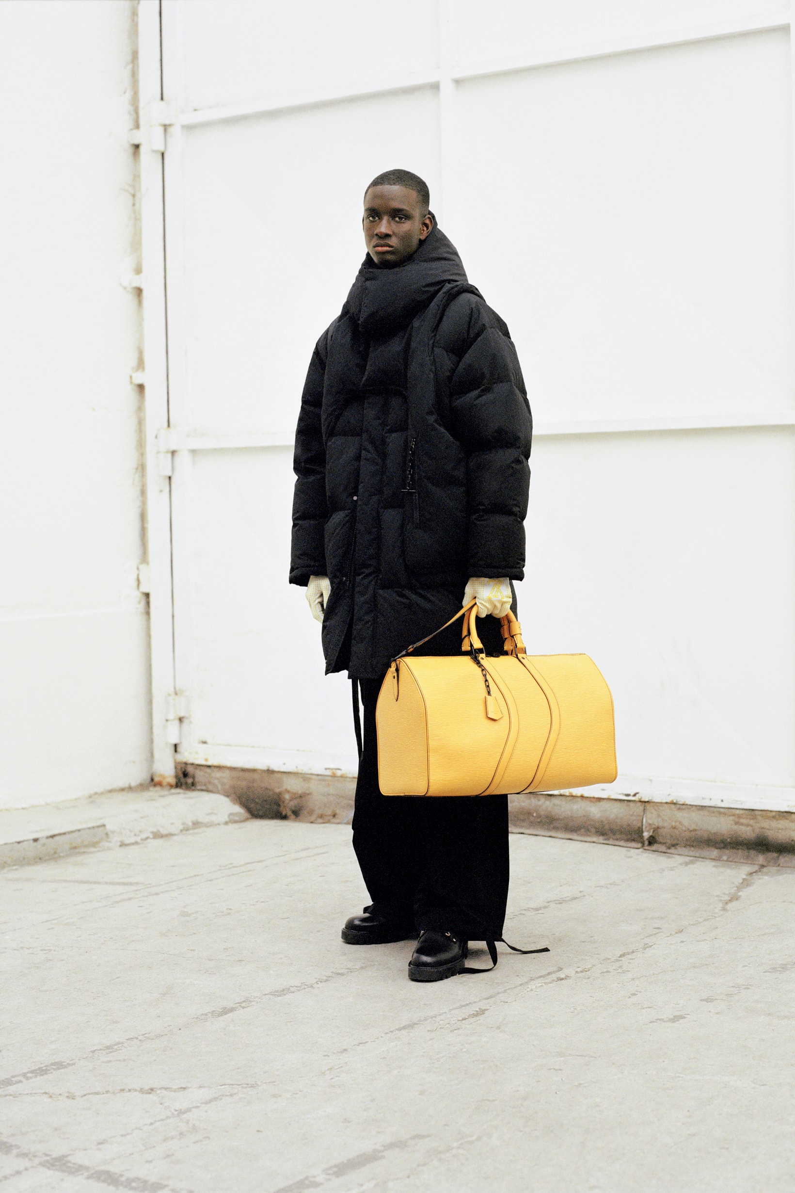 Louis Vuitton Men's Pre-Spring 2020 Lookbook Jacket Pants Black Bag Yellow