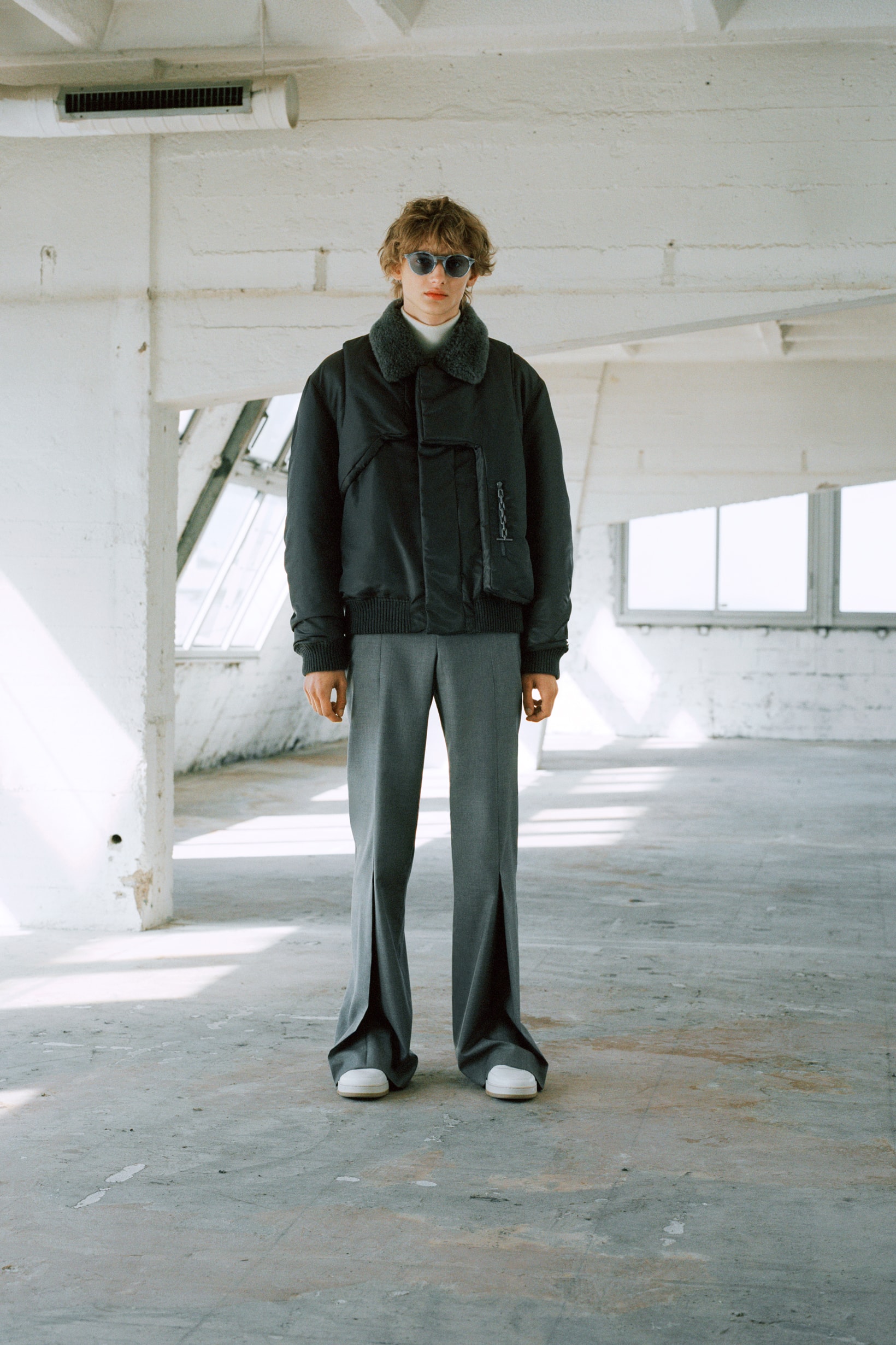 Louis Vuitton Men's Pre-Spring 2020 Lookbook Jacket Black Pants Grey