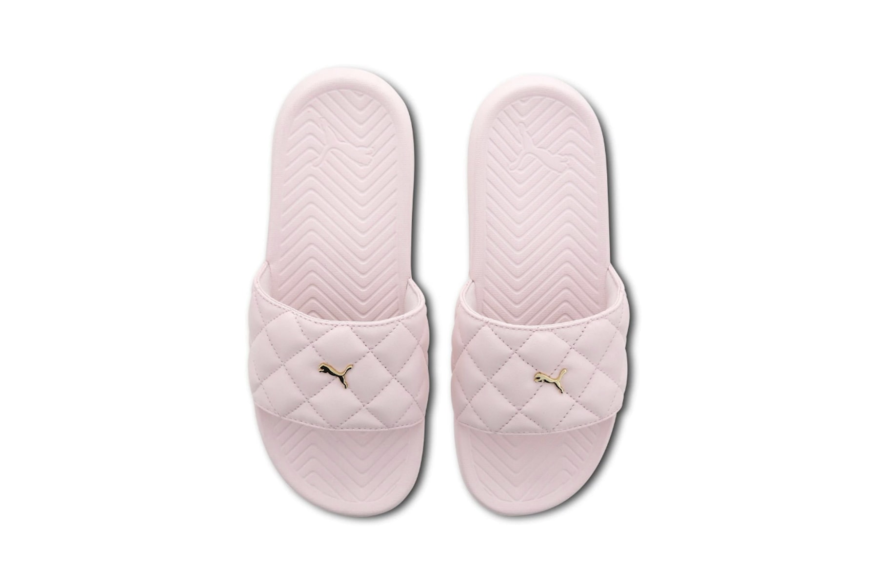PUMA Pastel Pink Popcat Slides Summer Sandals Quilted Gold Hardware Logo Shoe Beach Pool Sporty