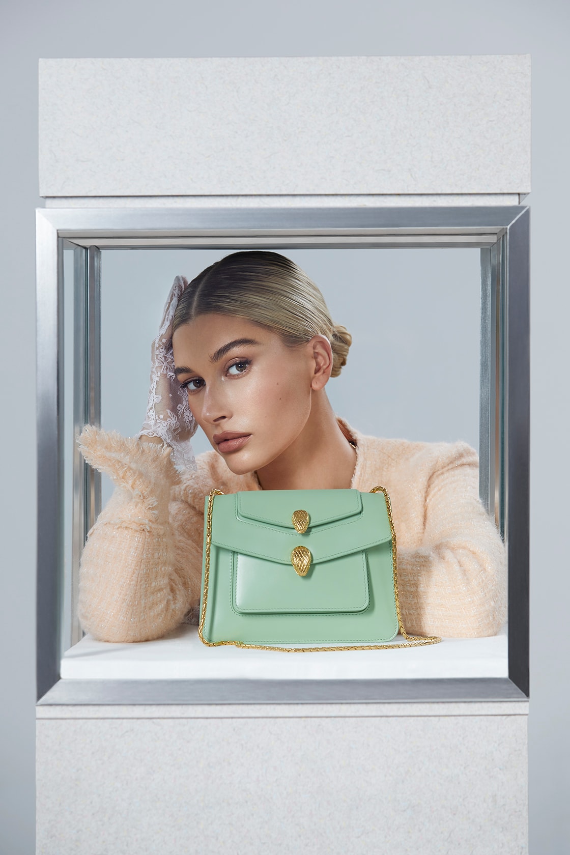 alexander wang bvlgari bag campaign hailey biber baldwin green collaboration