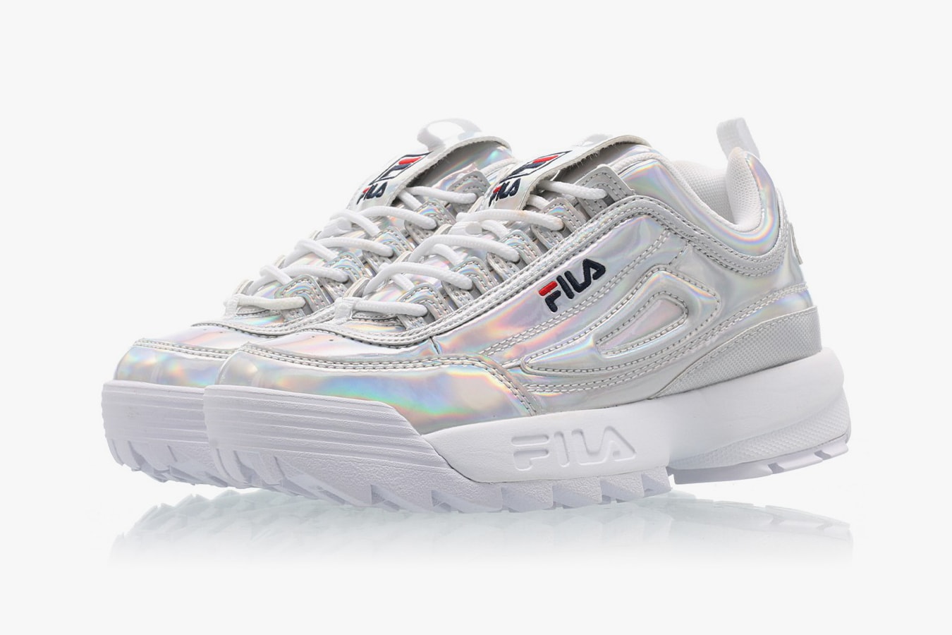 FILA Disruptor 2 Chunky Sneaker Trainer Holographic Silver Shiny