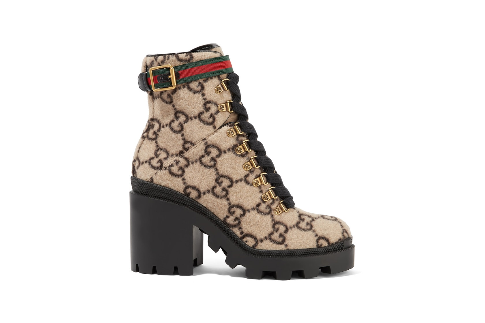 gucci monogram logo print heeled heels ankle combat boots wool fall beige buckle laces lace up platform