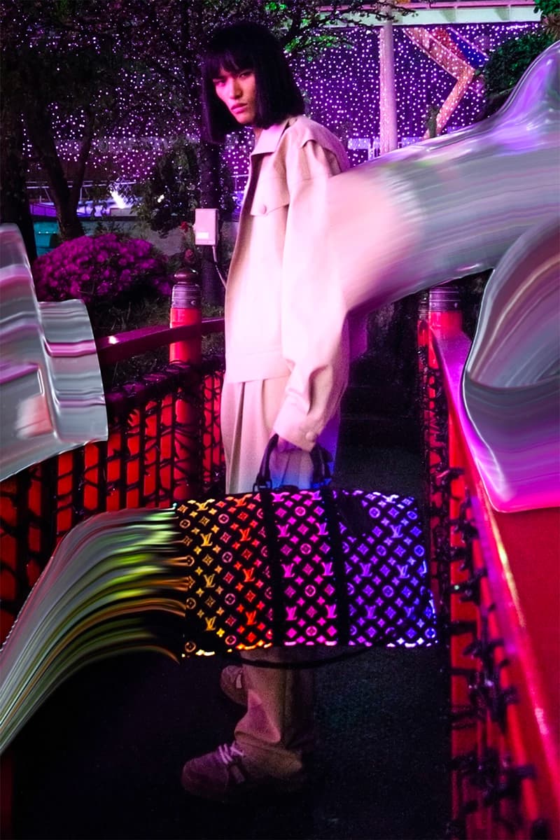 louis vuitton virgil abloh mens fall winter campaign kenta cobayashi futuristic retro monogram bags keepall xl puffer admiral jacket