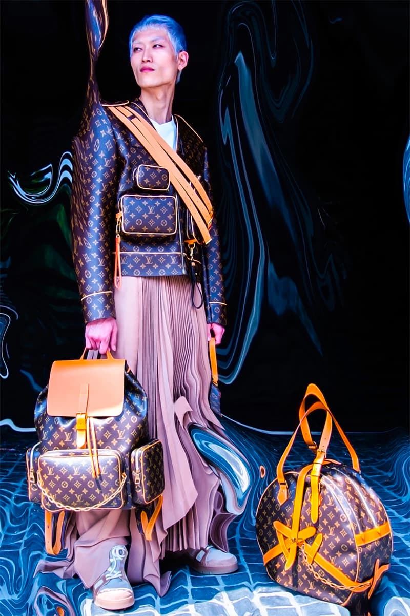 louis vuitton virgil abloh mens fall winter campaign kenta cobayashi futuristic retro monogram bags keepall xl puffer admiral jacket