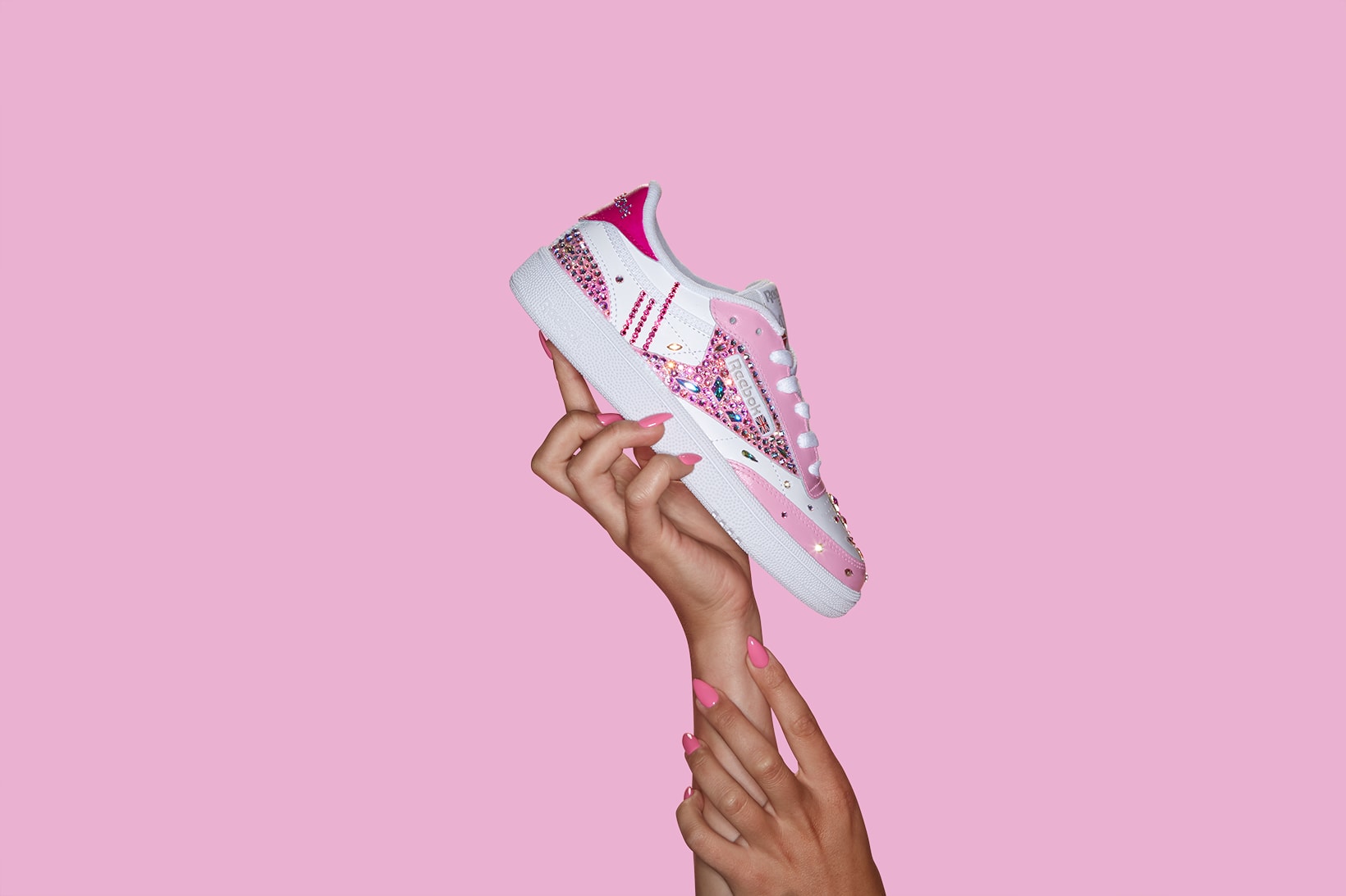 reebok limited edition crystal coated club c sneakers cardi b nails pink release shoes footwear sneakerhead swarovski amazon google home