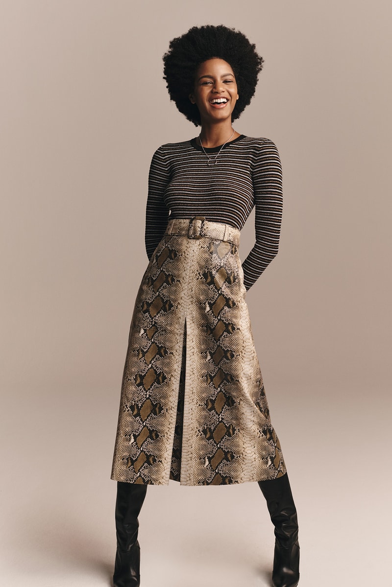 TommyXZendaya Fall Winter 2019 Collection Lookbook Ebonee Davis Shirt Grey Skirt Brown Tan