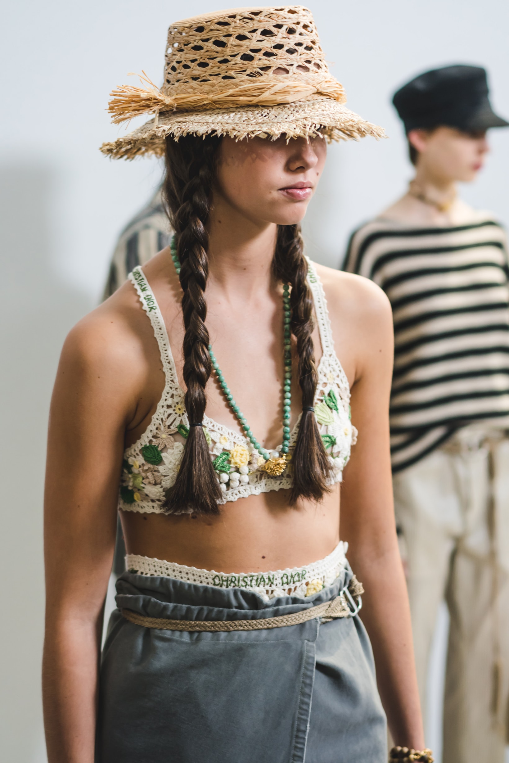 Dior Spring Summer 2020 Paris Fashion Week Collection Show Backstage Look Hat Tan Top Blue White