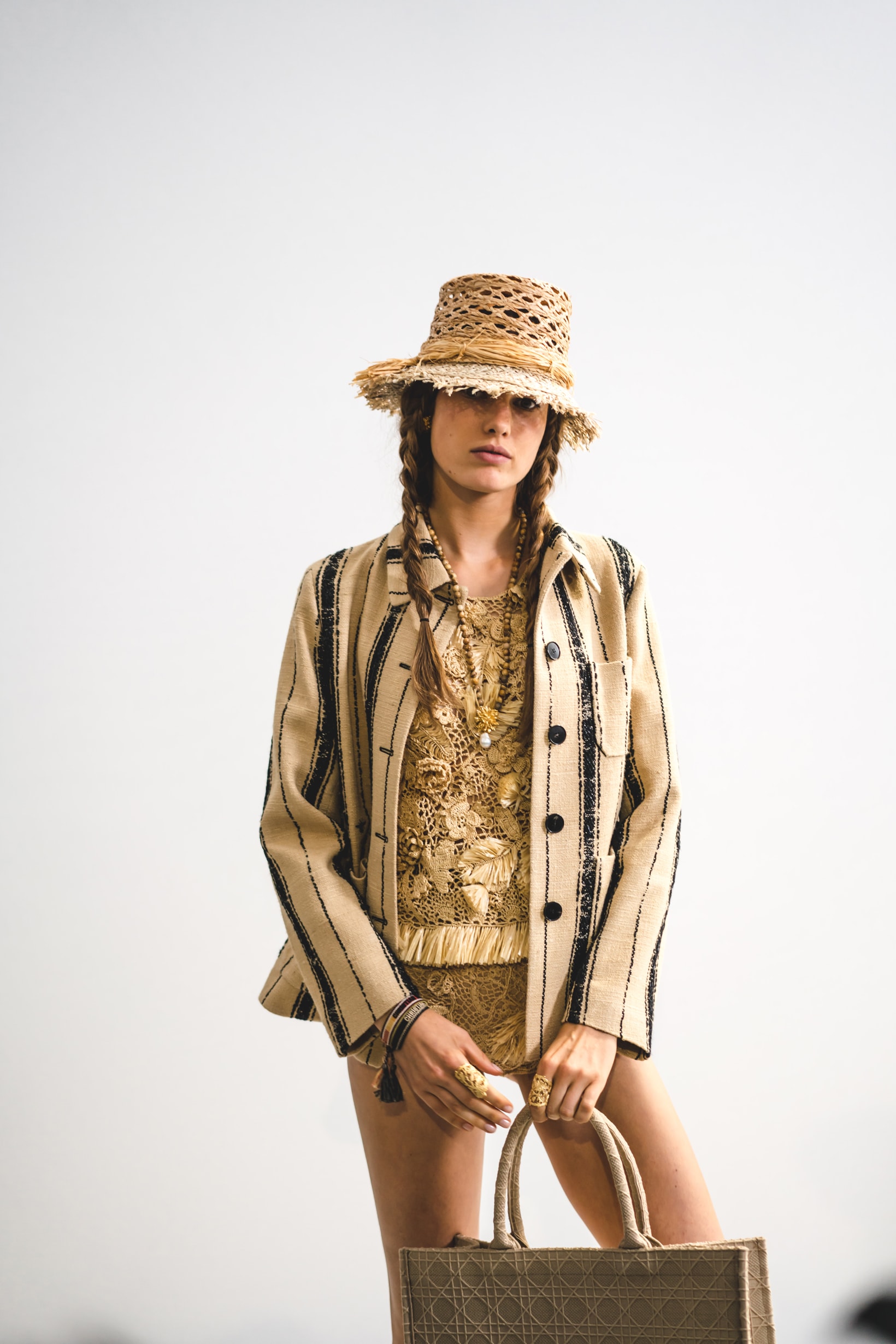 Dior Spring Summer 2020 Paris Fashion Week Collection Show Backstage Look Jacket Hat Bag Tan