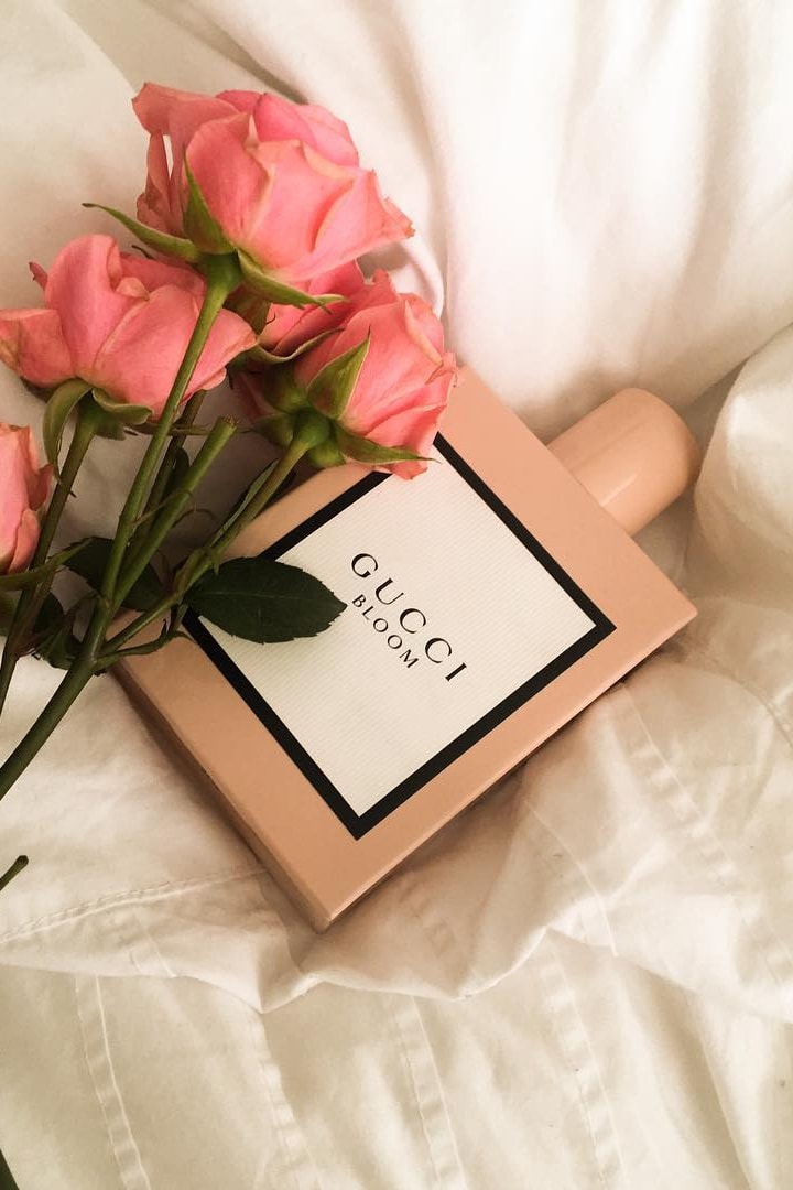 gucci beauty perfume roses flowers floral scent fragrance bed pink 