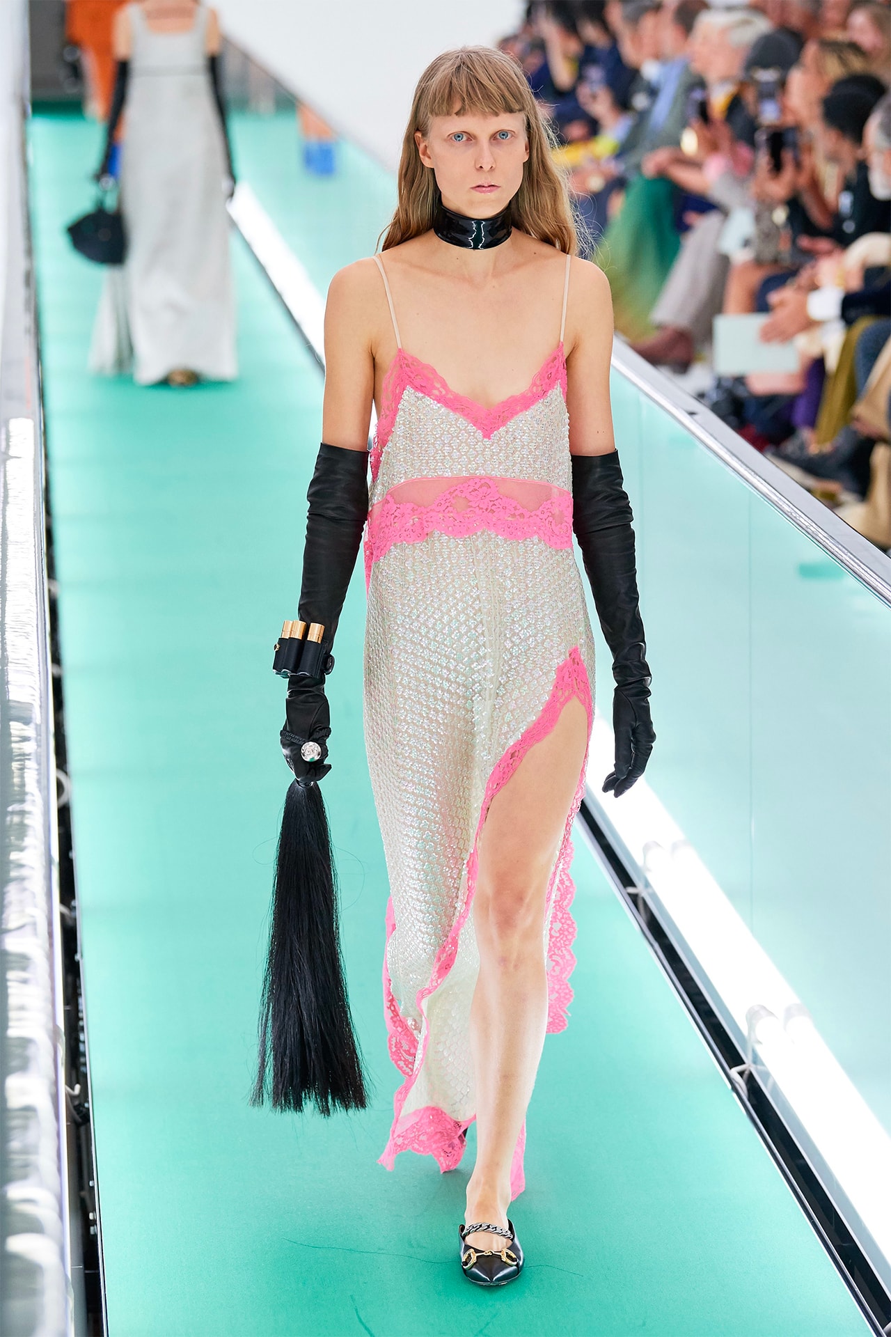 Gucci Orgasmique Spring Summer 2020 Runway Show Milan Fashion Week SS20 lace dress pink flogger whip