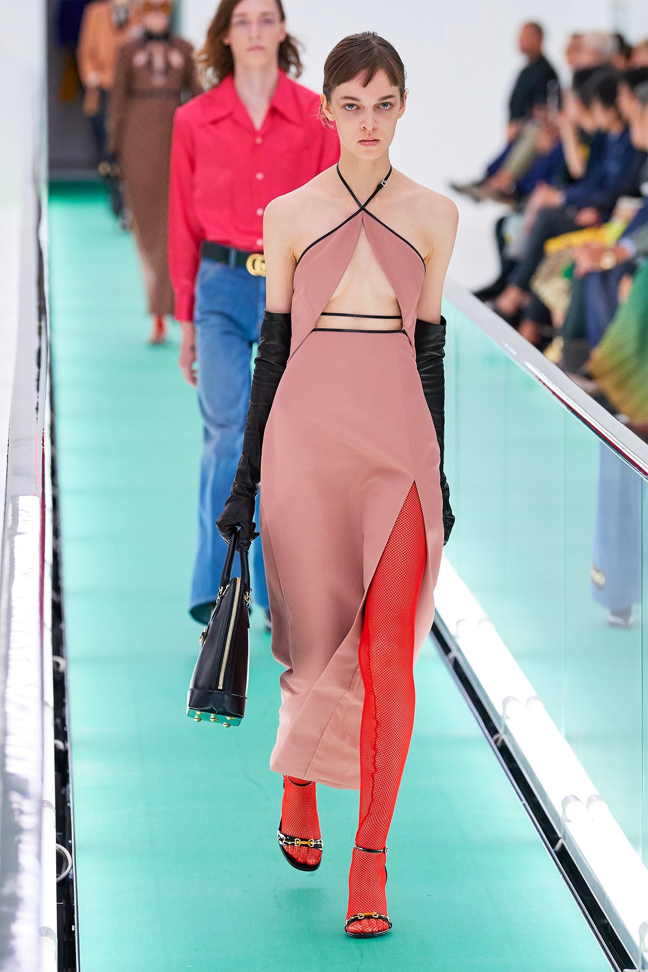 Gucci Orgasmique Spring Summer 2020 Runway Show Milan Fashion Week SS20 pink dress red tiights