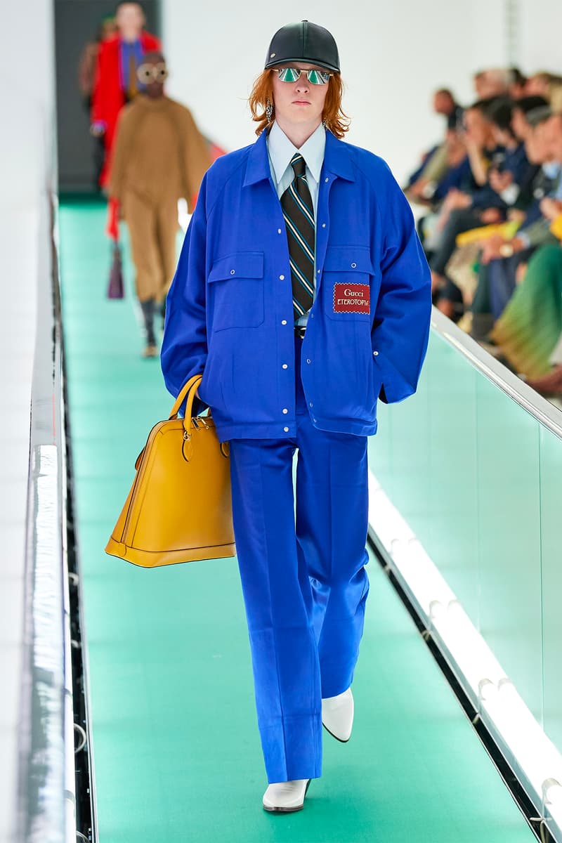 Gucci Orgasmique Spring Summer 2020 Runway Show Milan Fashion Week SS20 blue suit yellow bag