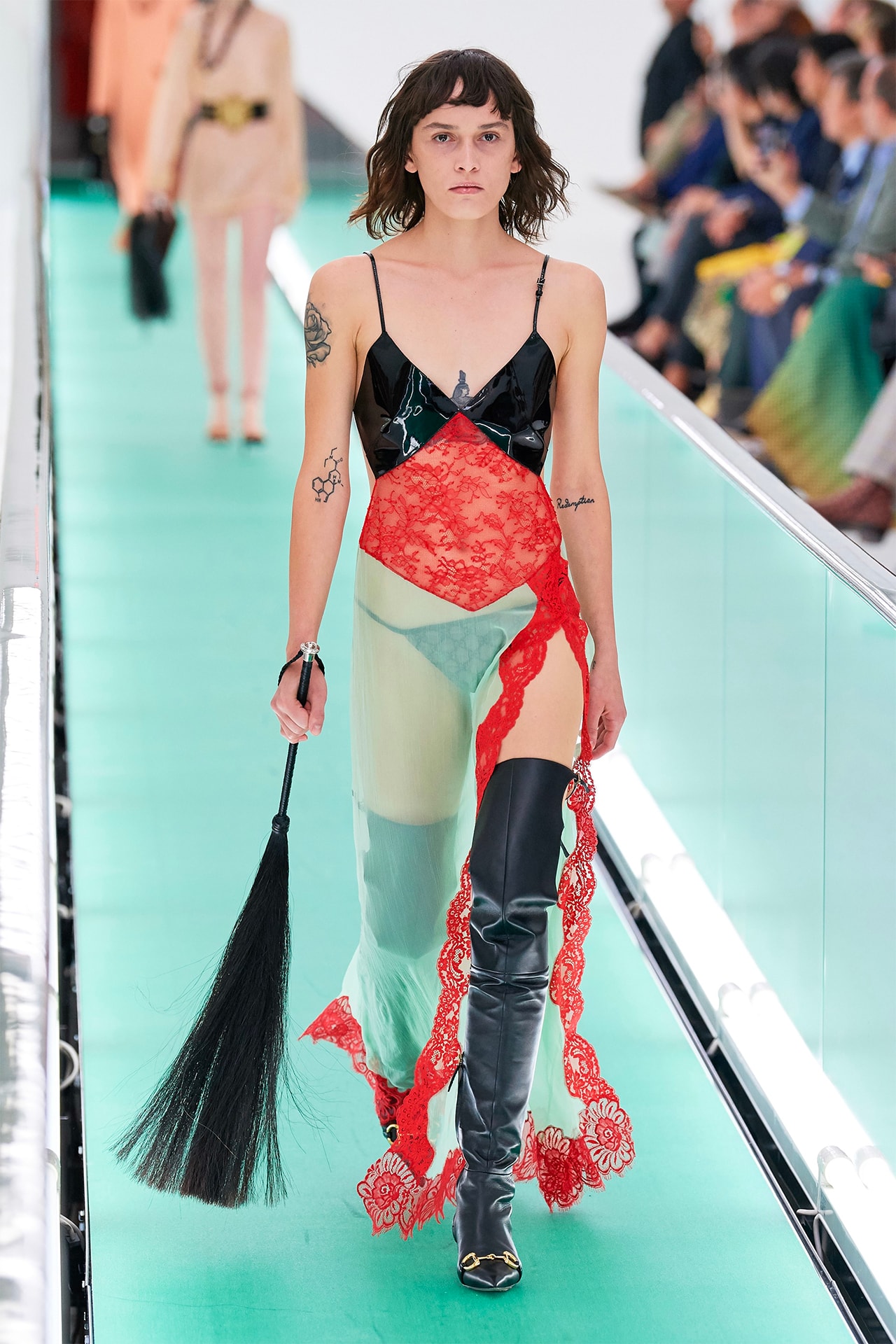 Gucci Orgasmique Spring Summer 2020 Runway Show Milan Fashion Week SS20 lace dress flogger whip boots