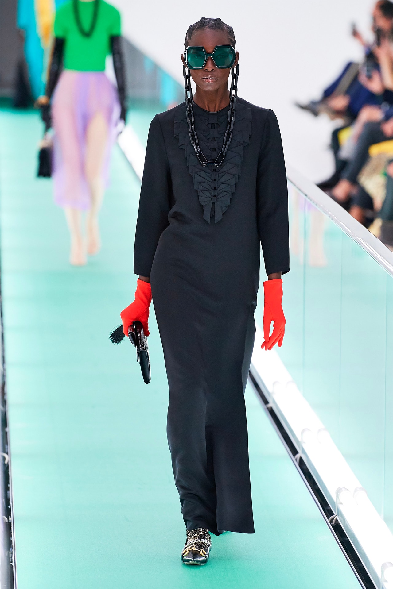 Gucci Orgasmique Spring Summer 2020 Runway Show Milan Fashion Week SS20 black dress sunglasses red gloves