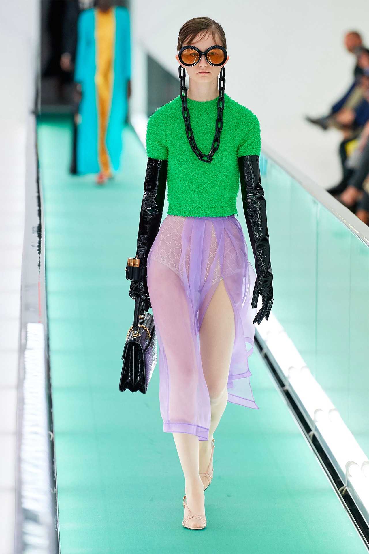 Gucci Orgasmique Spring Summer 2020 Runway Show Milan Fashion Week SS20 green top sheer purple skirt panties underwear