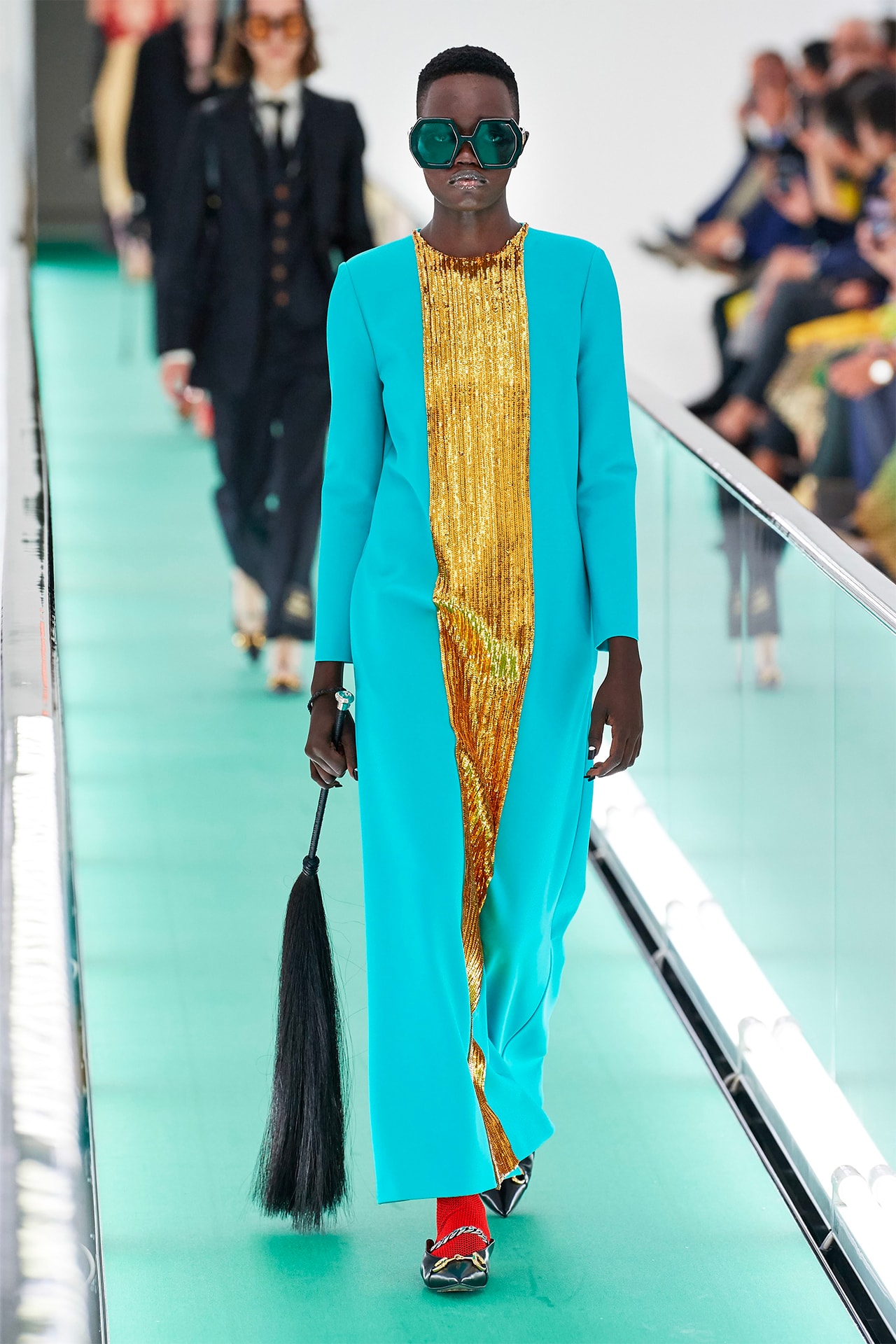 Gucci Orgasmique Spring Summer 2020 Runway Show Milan Fashion Week SS20 blue gold dress flogger whip