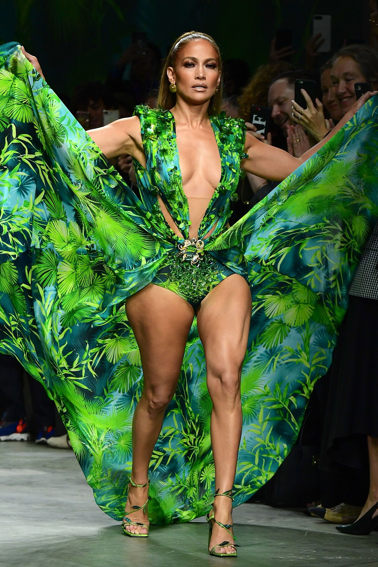 Jennifer Lopez Versace SS20 Runway Show Green Dress Milan Fashion Week Plunging Necklace Deep V Silk Grammy Gown