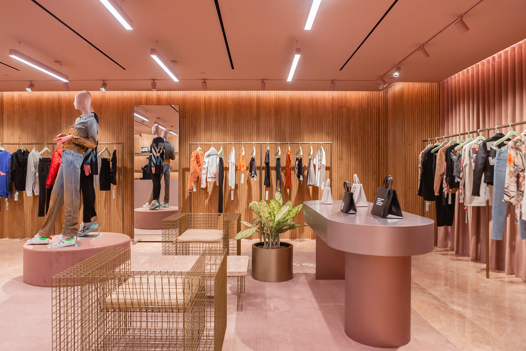 off white paragon concept store womens singapore shop opening pink marble clothes interior decor