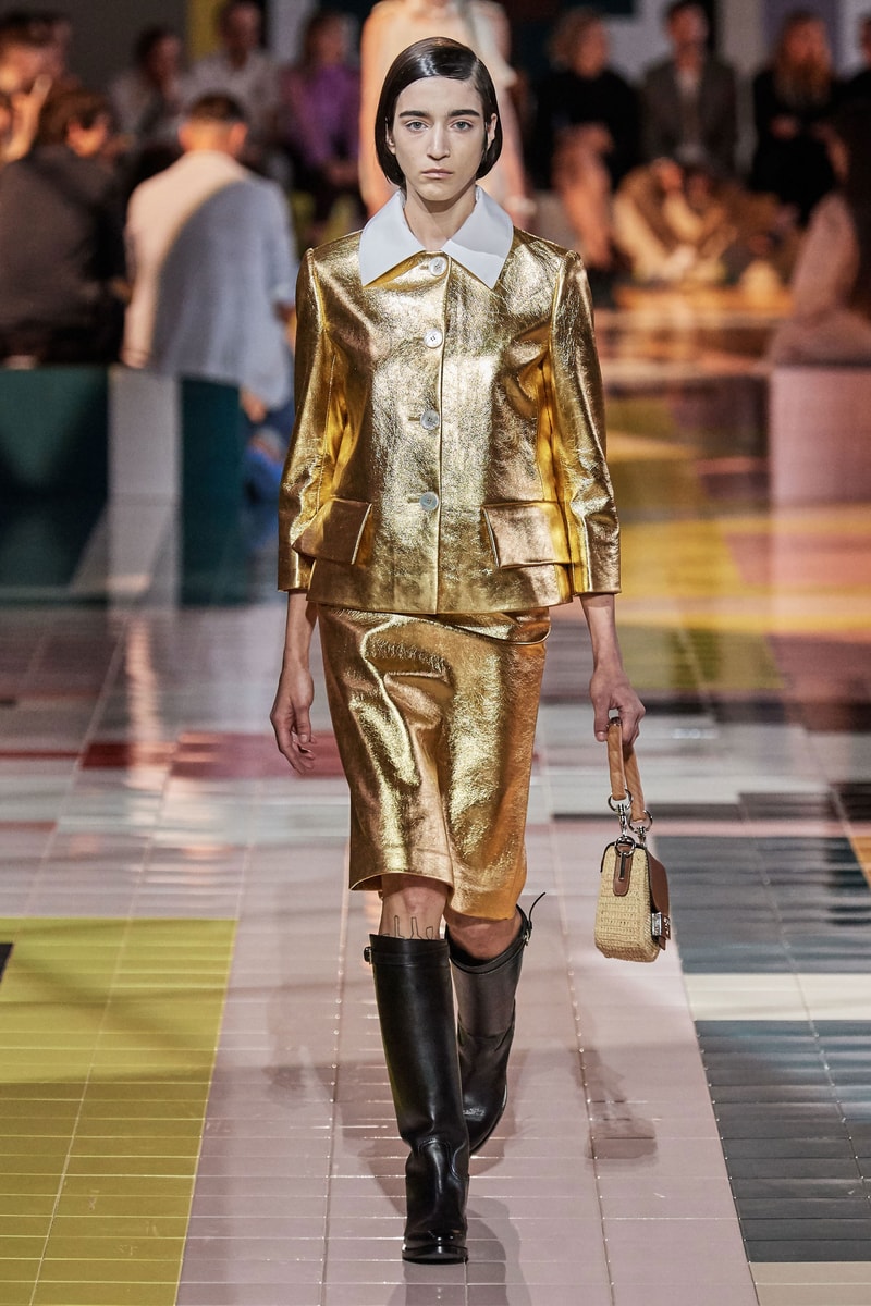 Prada Spring Summer 2020 Collection Milan Fashion Week Jacket Skirt Gold