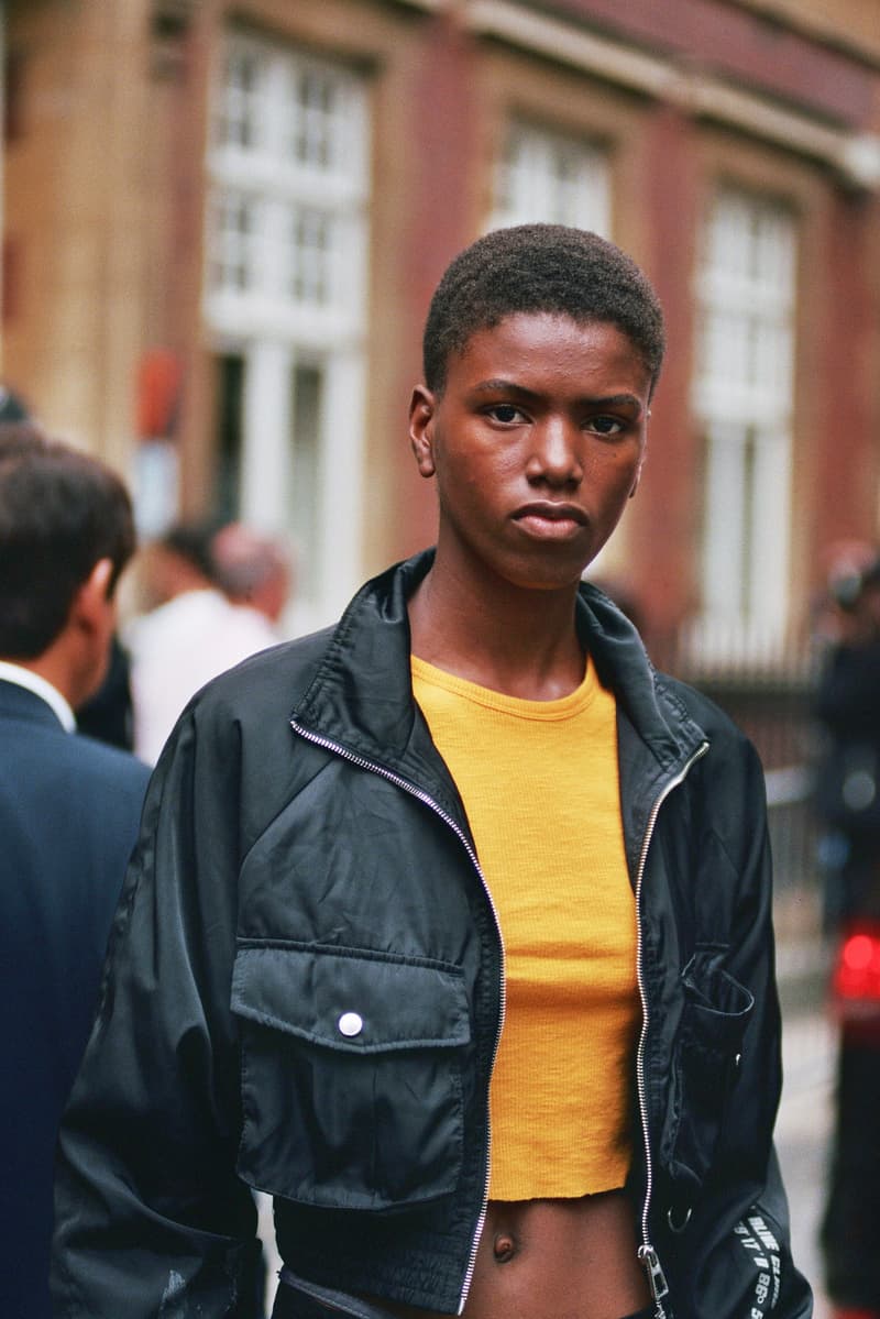 model off duty style spring summer 2020 orange crop top black bomber jacket