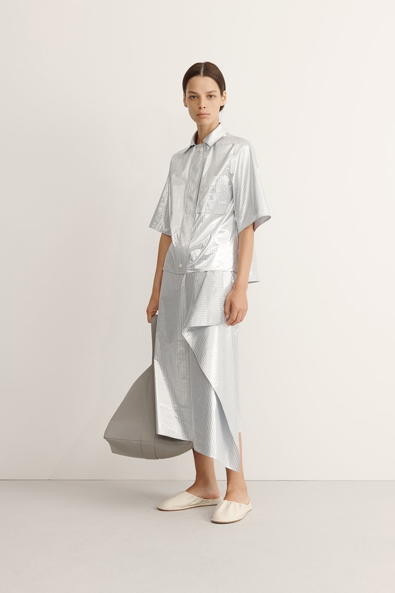 COS Spring Summer 2020 Collection Lookbook Striped Shirt Draped Skirt High Shine Silver Leather Bag Pewter