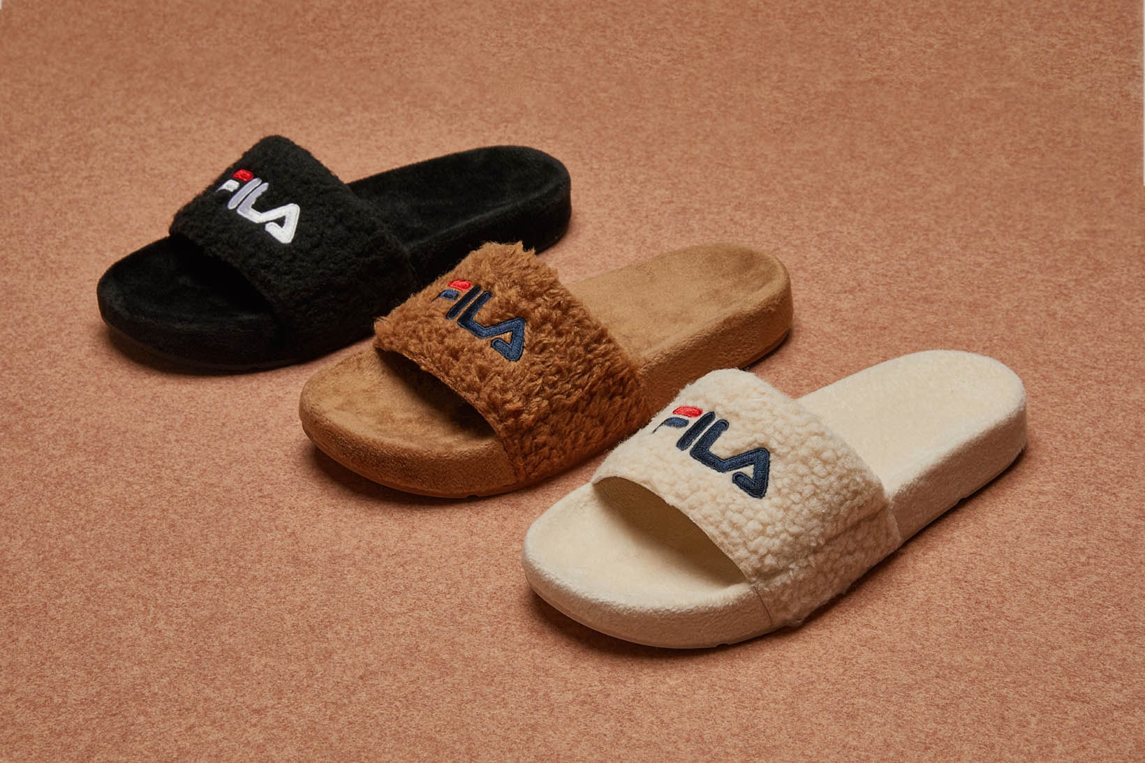FILA Furry Fuzzy Slides Sandals Brown Black Off-White Faux Fur Korea