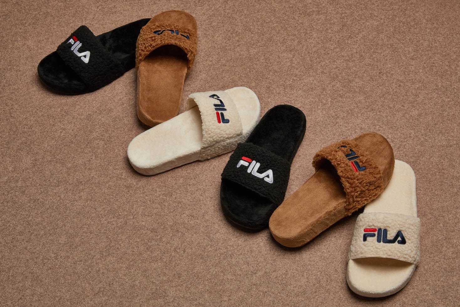 FILA Furry Slides in Brown, Black and 