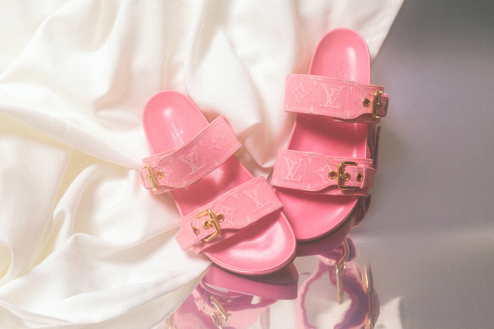 louis vuitton pink white gold monogram denim run away stellar sneakers boot bom dia flat lock it mules footwear shoes 