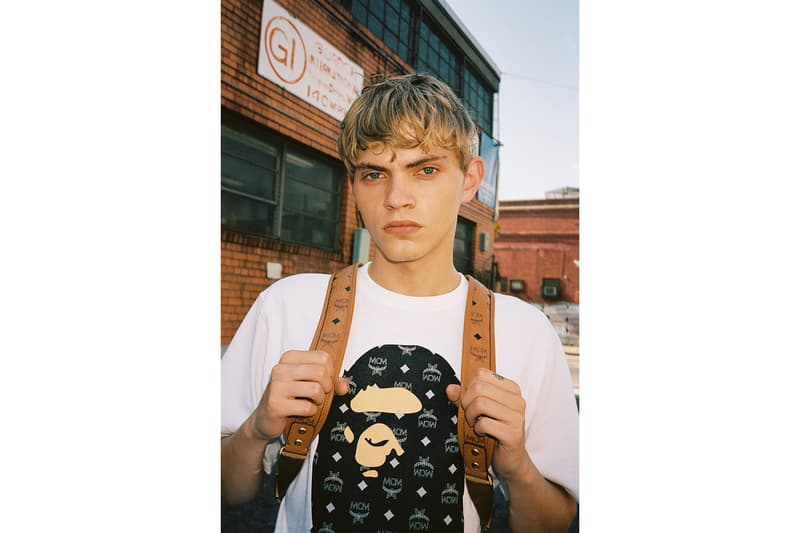mcm bape collaboration streetwear jackets pants backpack bags fashion campaign lookbook models brooklyn new york