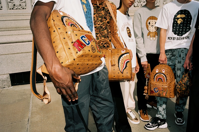 mcm bape collaboration streetwear jackets pants backpack bags fashion campaign lookbook models brooklyn new york