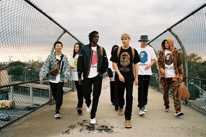 mcm bape collaboration streetwear jackets pants backpack bags fashion campaign lookbook models brooklyn new york
